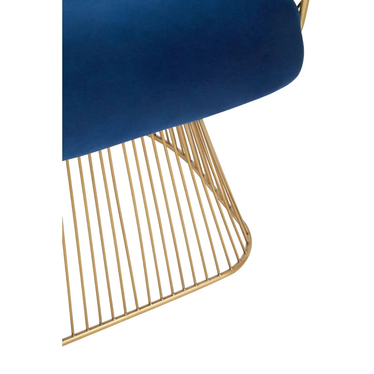 Blue velvet seat with gold metal wire frame chair base, close-up angle