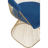 Blue velvet dining chair with gold metal wire frame, close-up of seat and base