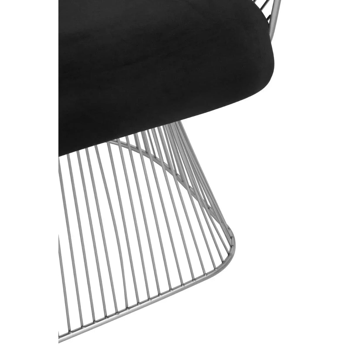 Black seat cushion with chrome metal wire frame dining chair detail
