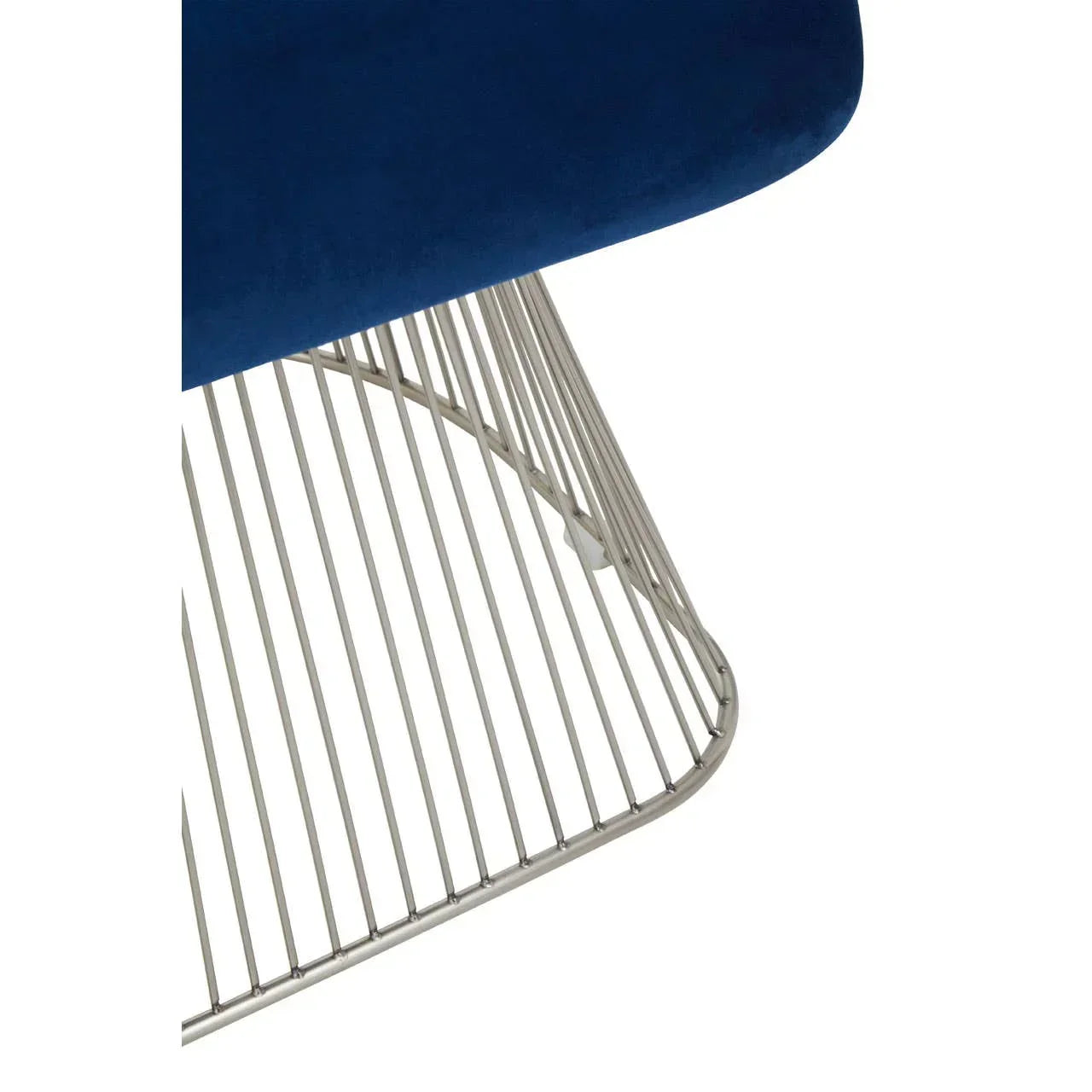 Blue velvet chair seat with chrome wire metal base detail