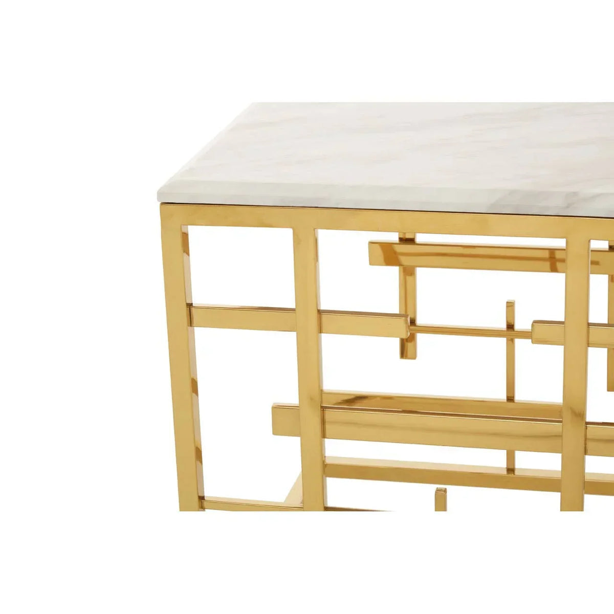 Marble top coffee table with gold metal geometric frame, close-up of corner and side