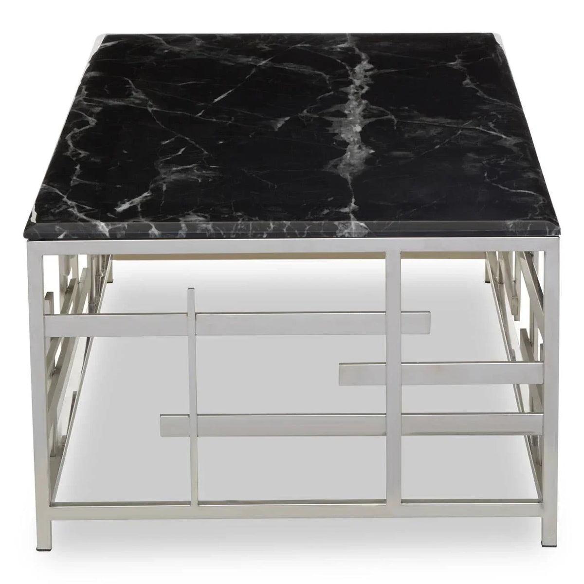 Rectangular black marble coffee table with geometric chrome metal base, front view