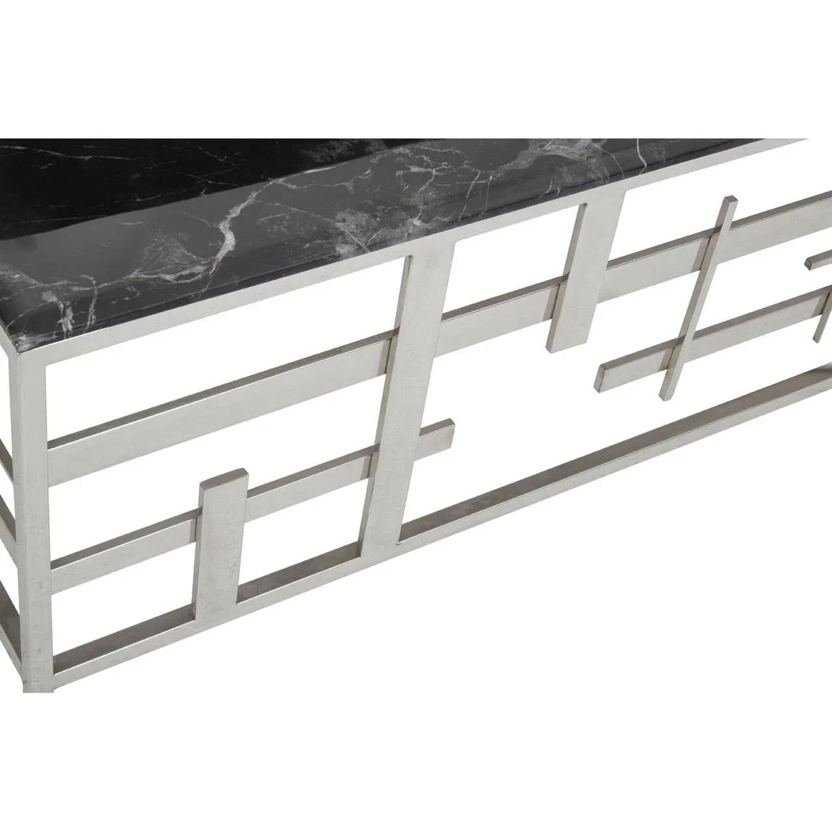 Modern coffee table with black marble top and geometric silver metal frame detail