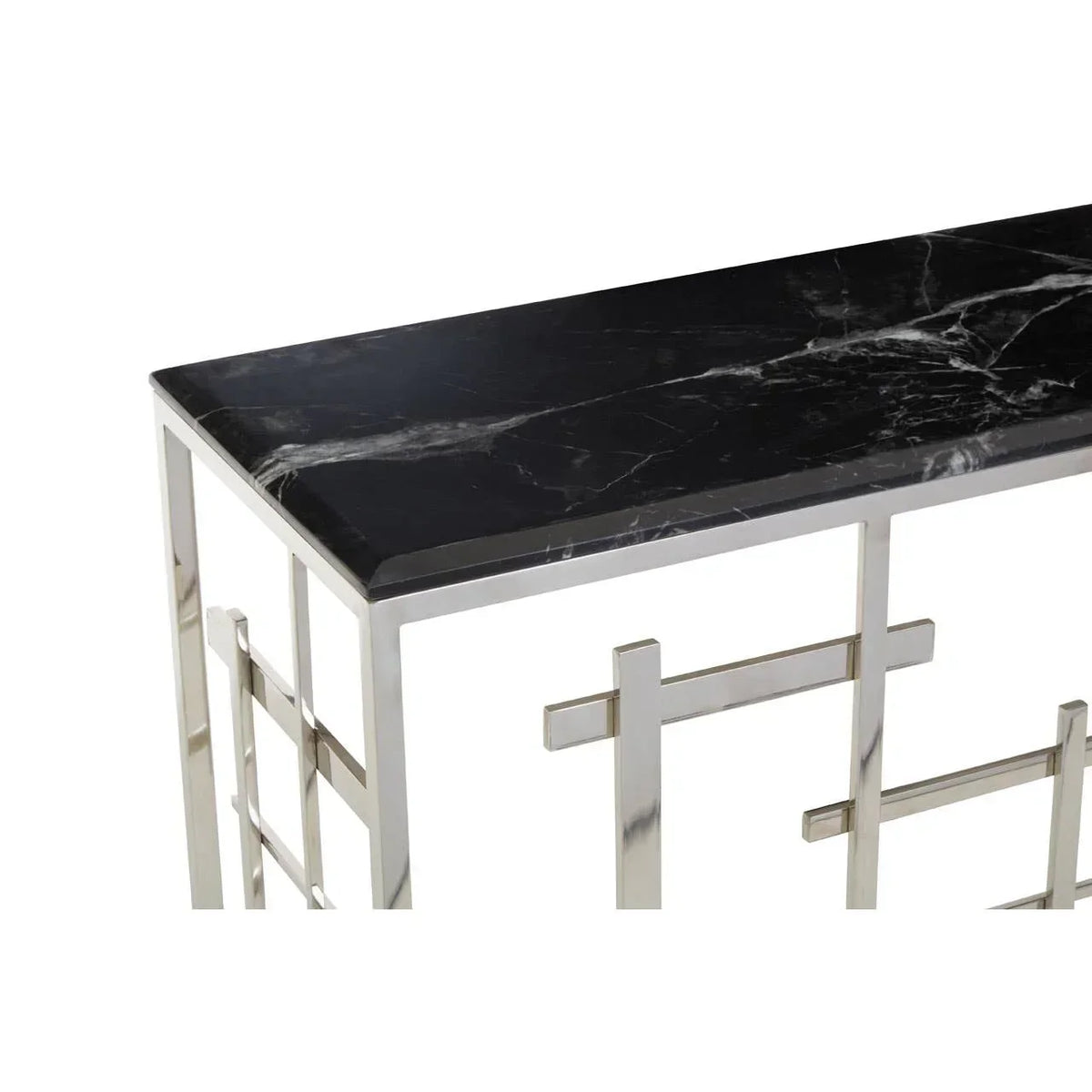 Black marble console table with chrome frame and geometric metal accents