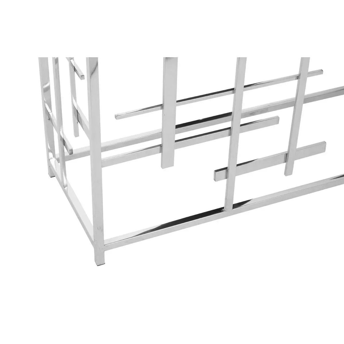 Chrome metal coffee table legs with geometric pattern detail