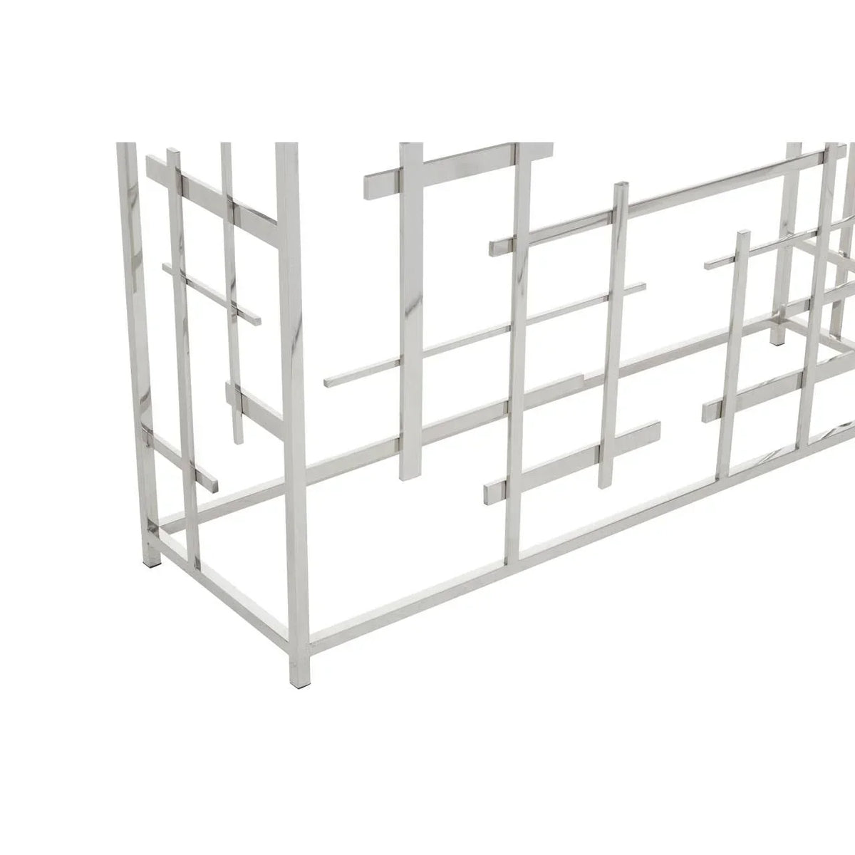 Chrome metal geometric console table frame with modern grid design, close-up view