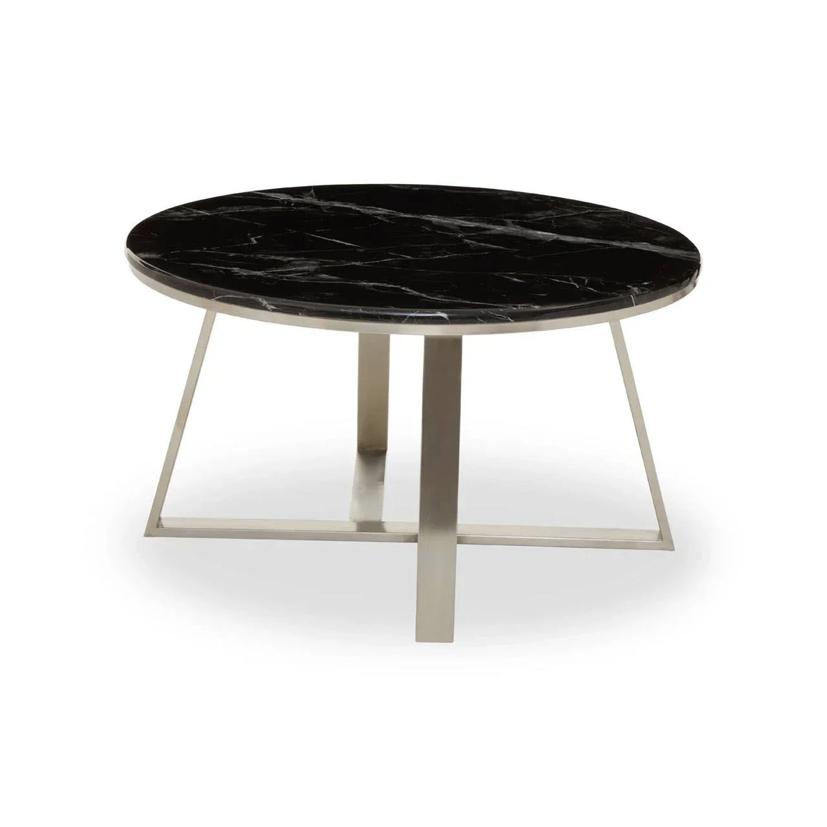Round black marble coffee table with silver metal legs on white background