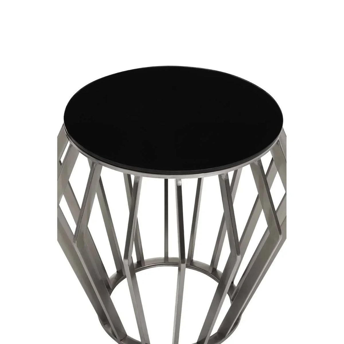 round black glass side table with geometric silver metal base