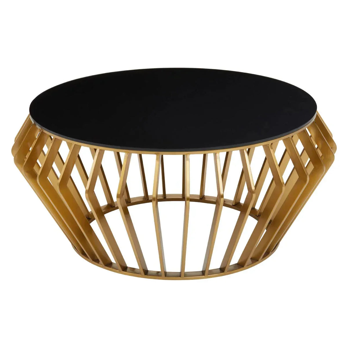 Round gold metal coffee table with black top and geometric open frame design