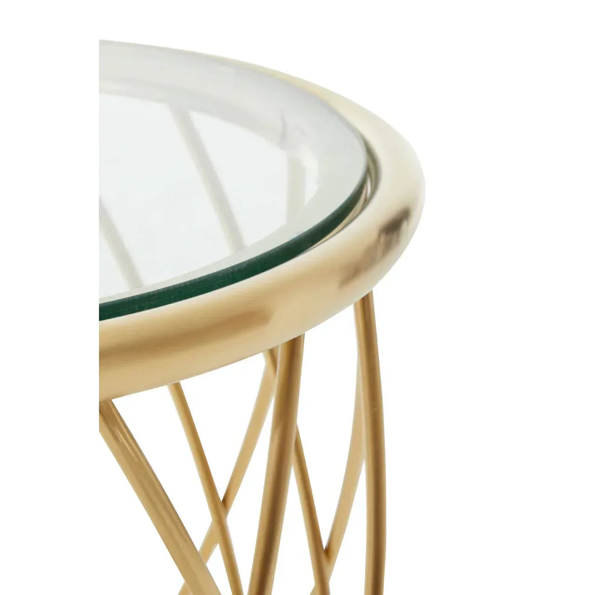 Round glass top side table with gold metal frame, close-up of edge and leg design
