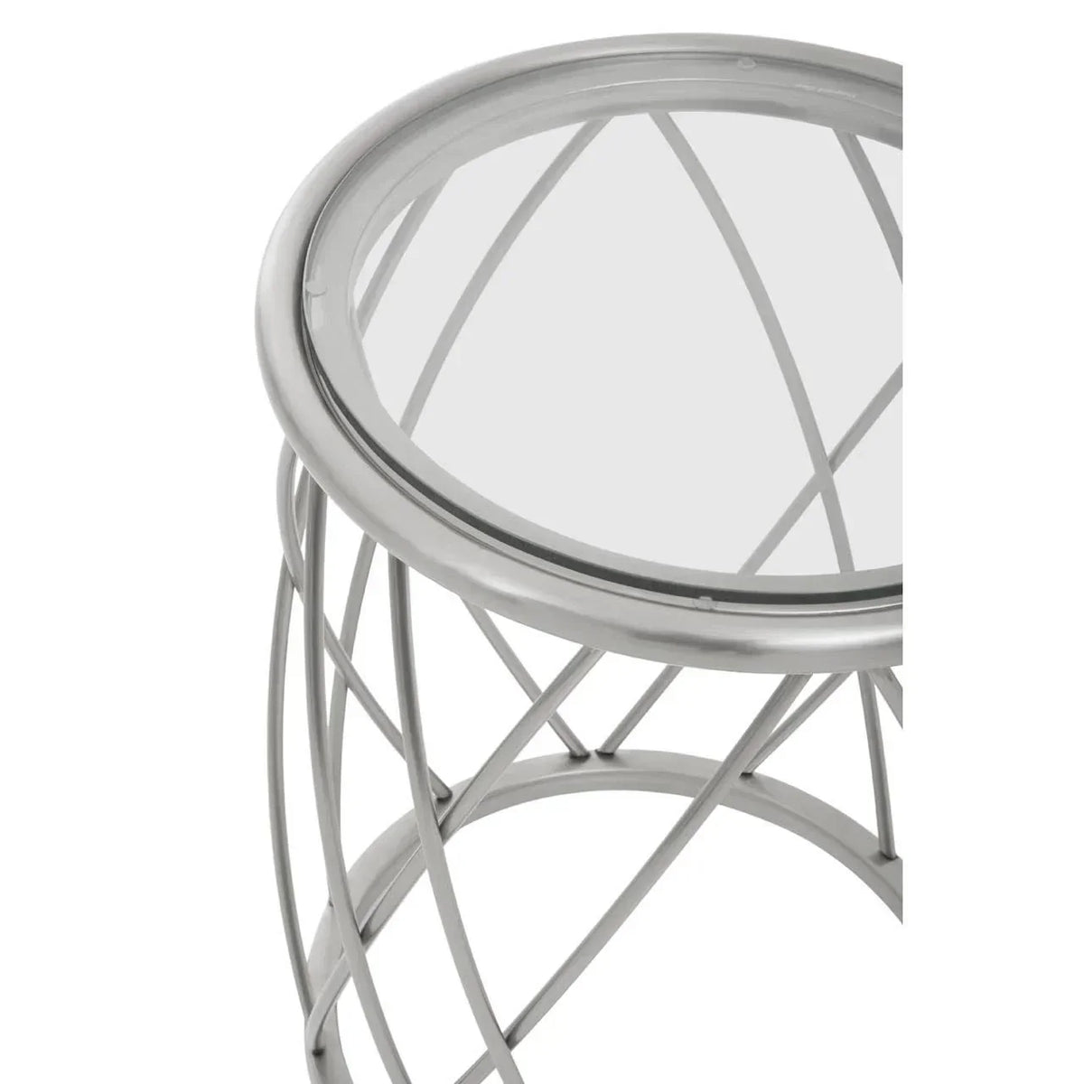 Round glass top side table with silver metal lattice base, close-up view