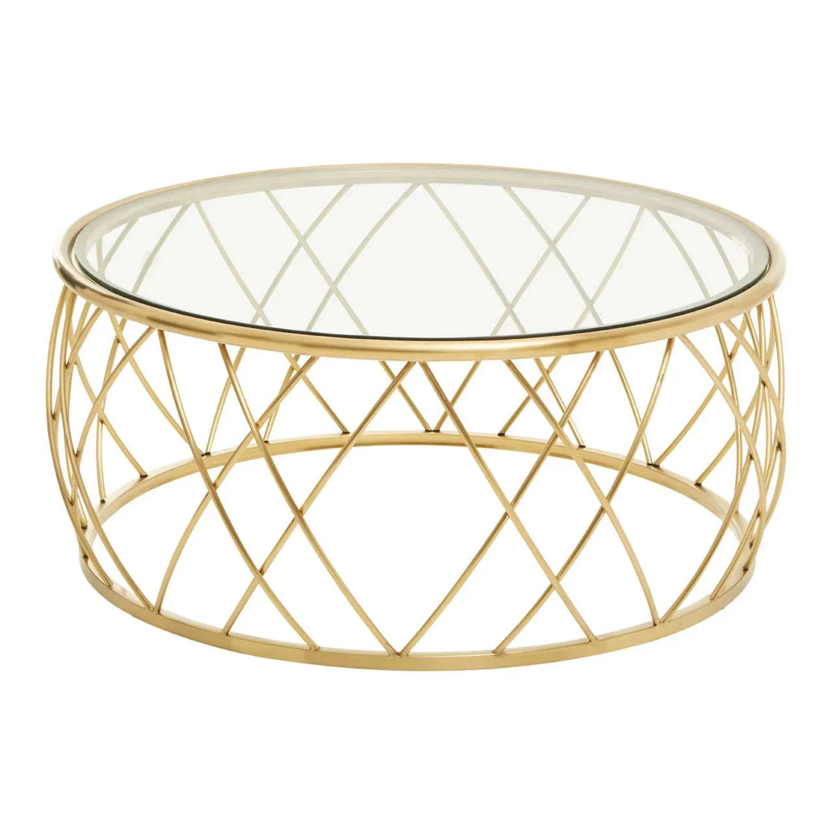 Round gold metal coffee table with glass top and lattice base