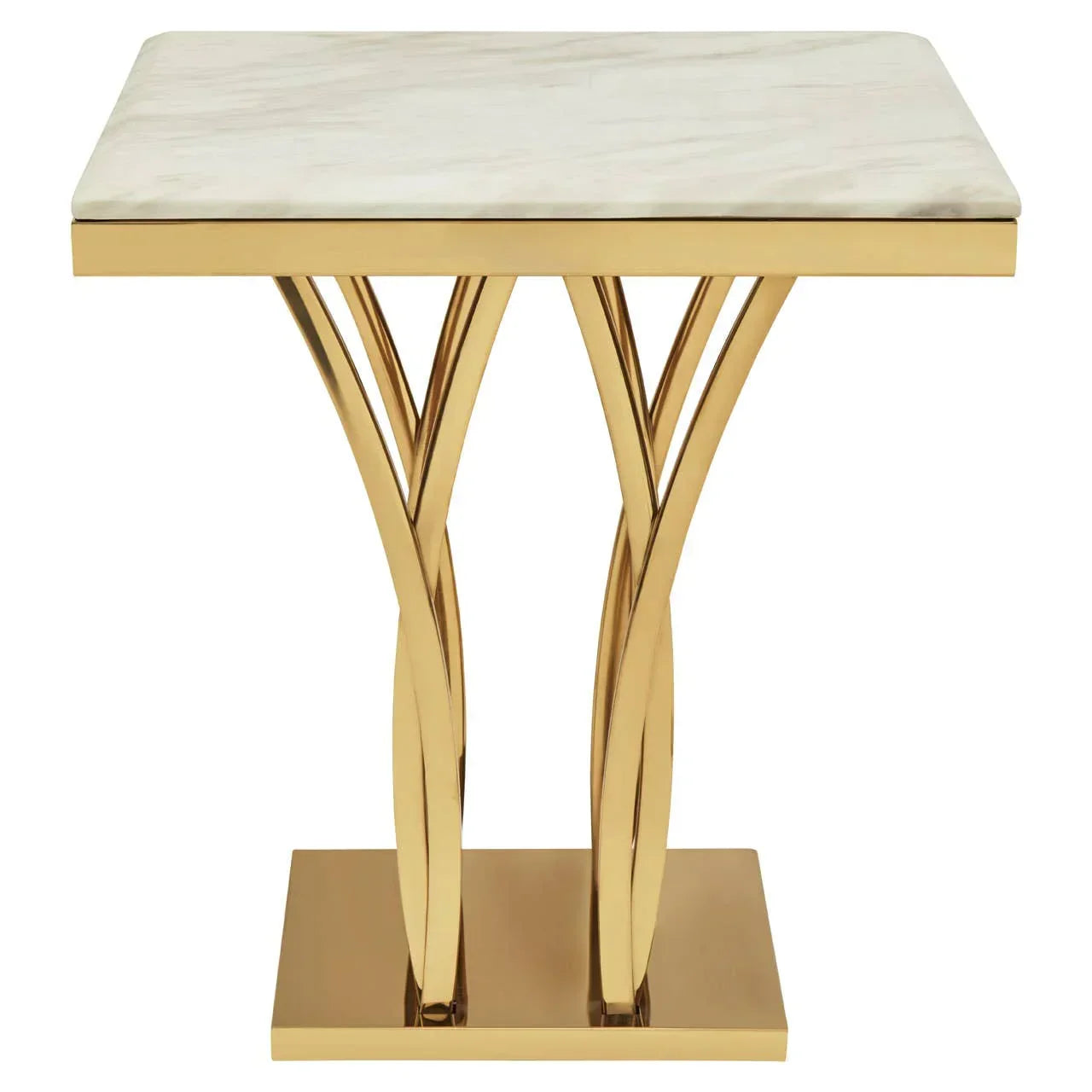 Square marble top side table with gold metal base and modern geometric design