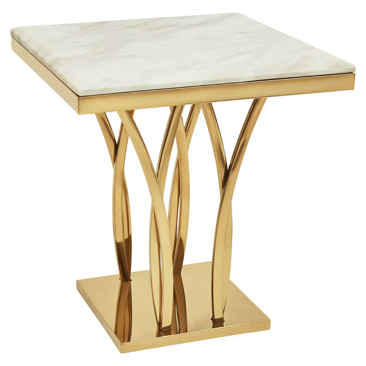 Square gold side table with marble top and decorative curved metal legs