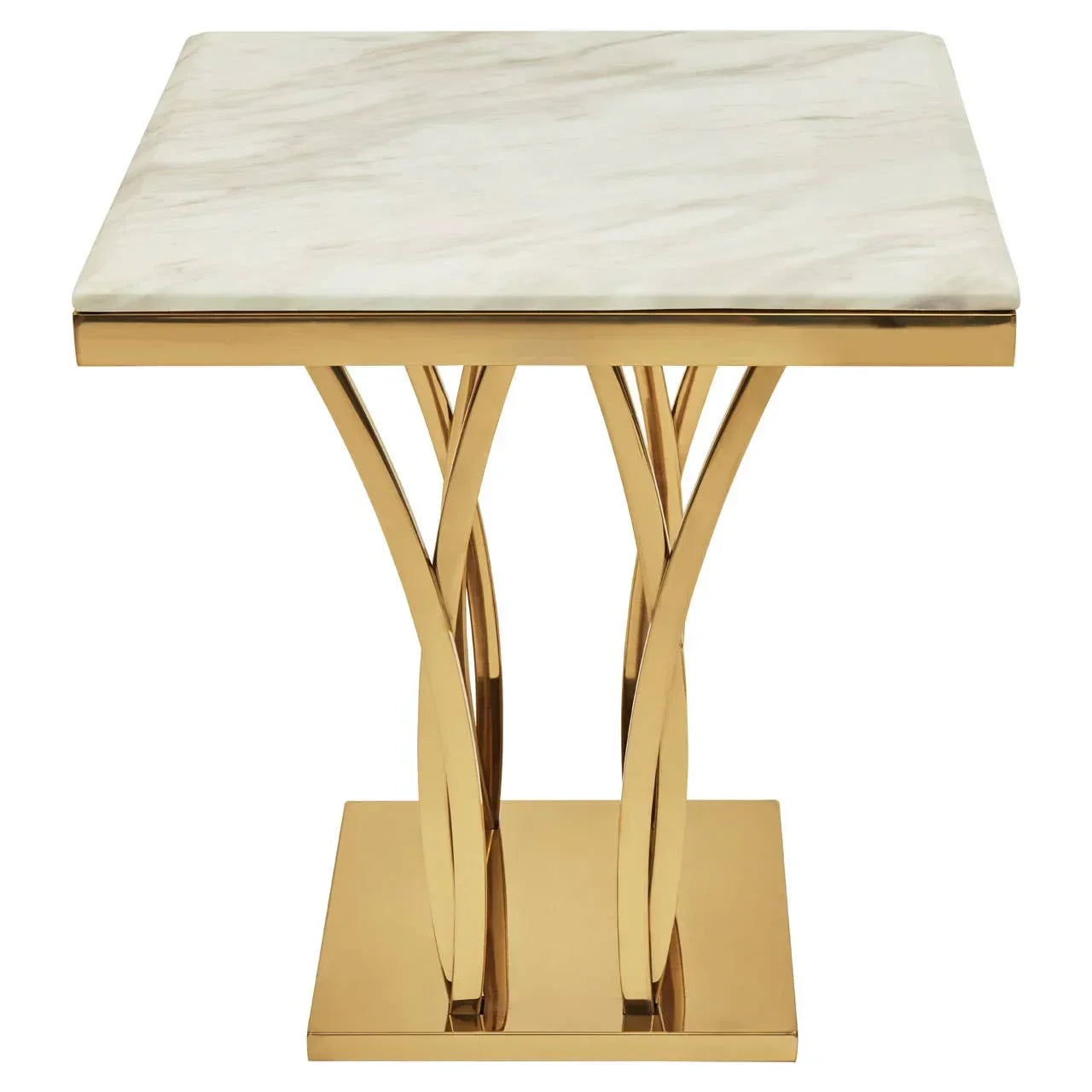 Square marble top side table with gold metal base and modern geometric design