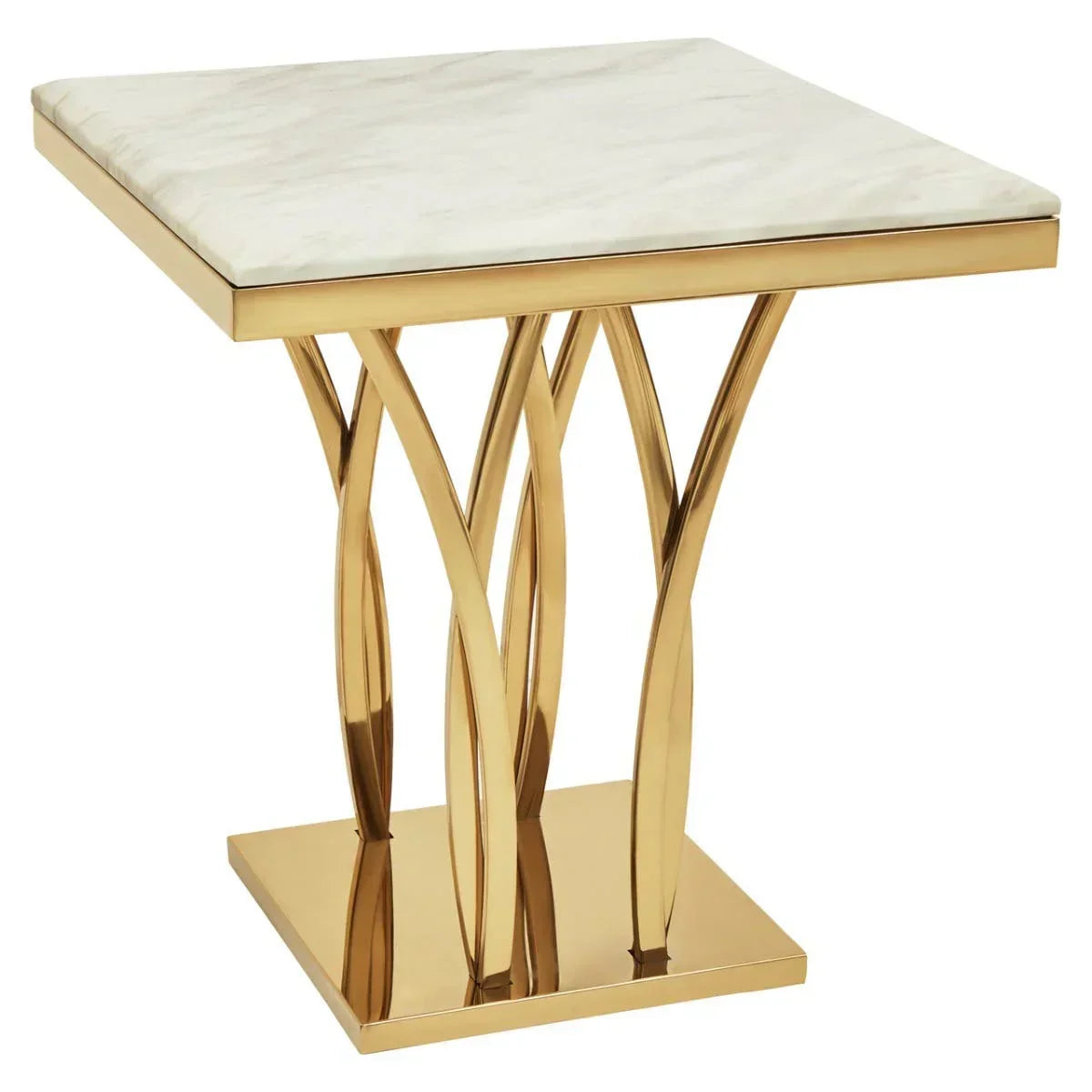 Square marble top side table with gold metal base featuring curved legs