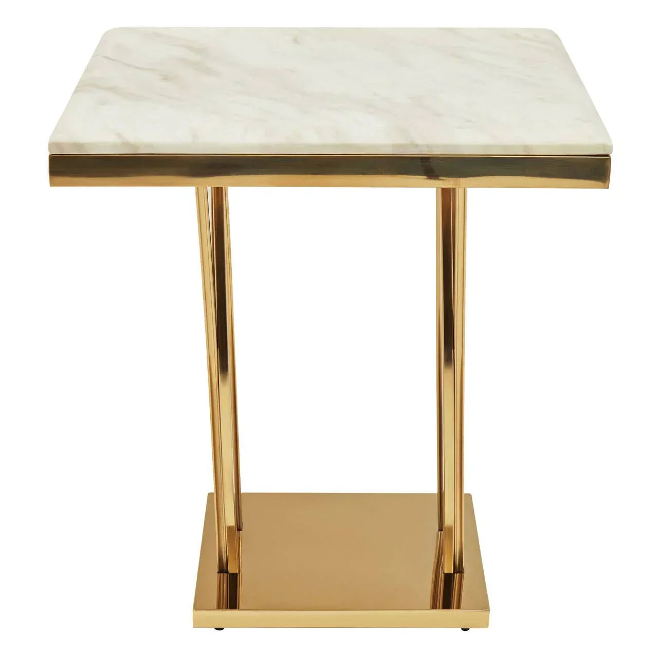 Square marble side table with gold metal frame and base, front view