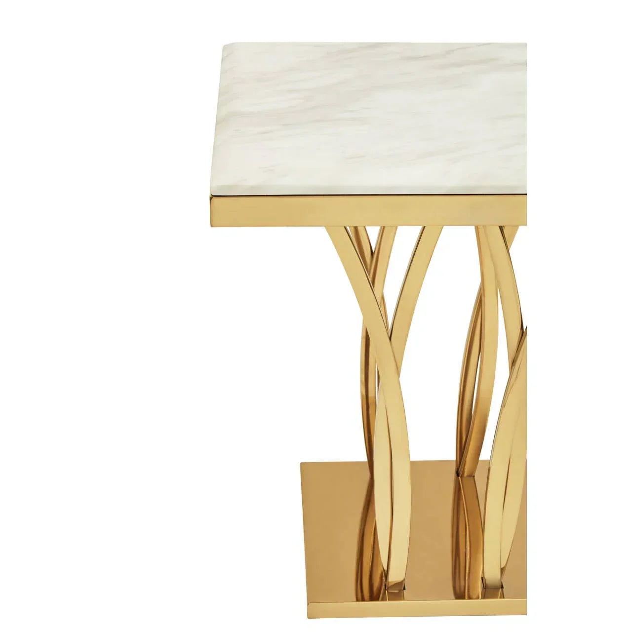 Square marble top side table with gold metal base and twisted leg design