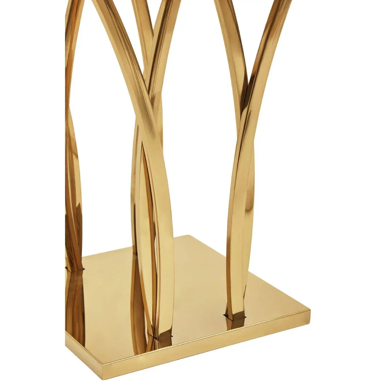 Gold metal side table base with curved legs and square base close-up