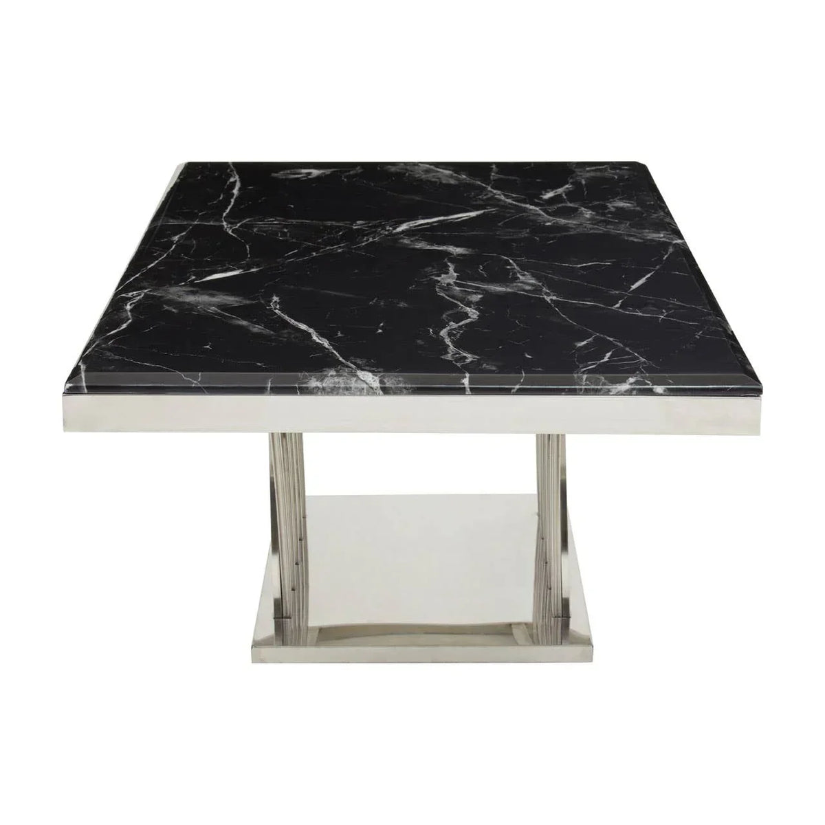 Square black marble dining table with chrome pedestal base, front view