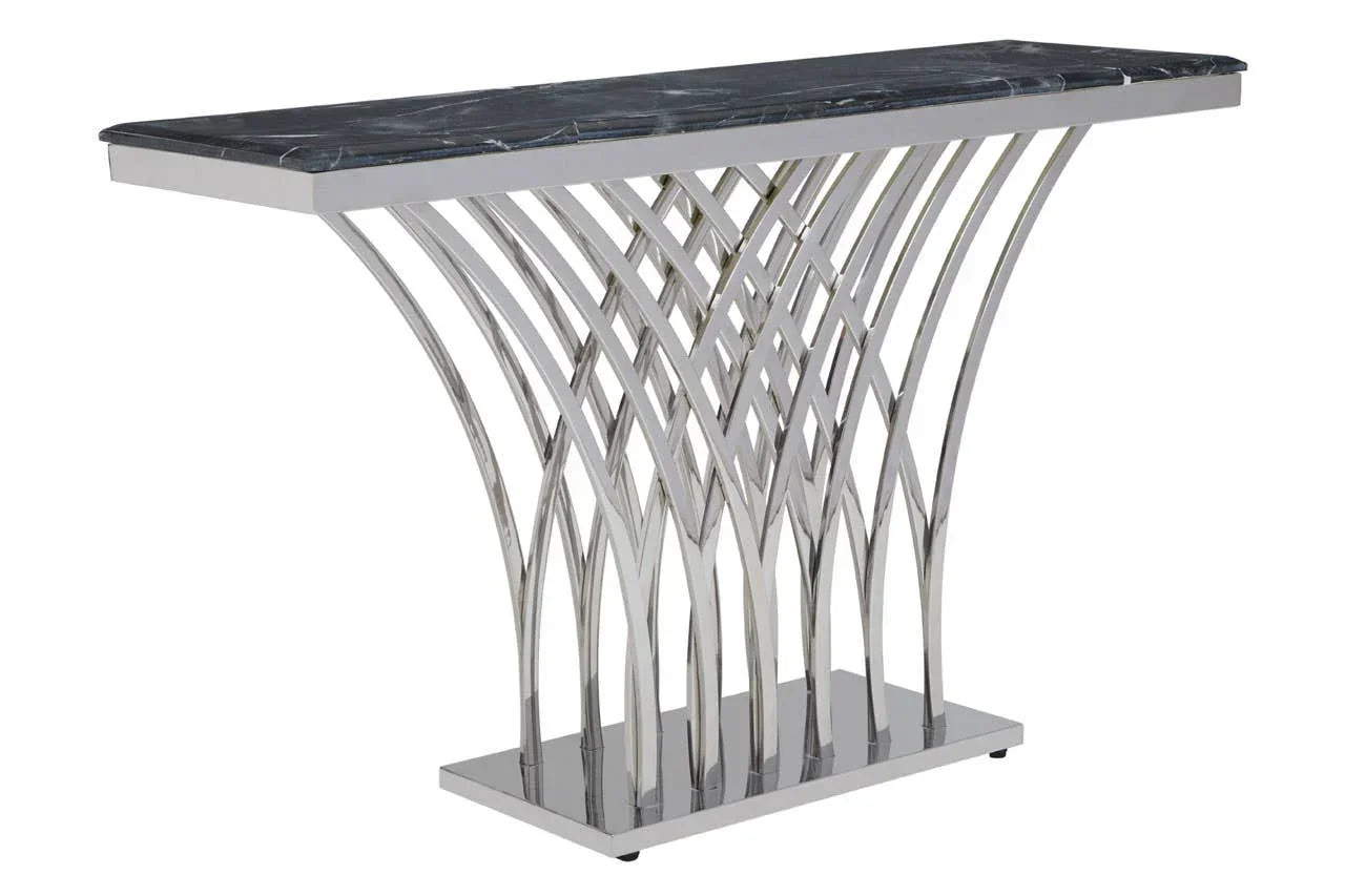 Modern console table with black marble top and silver metal geometric base