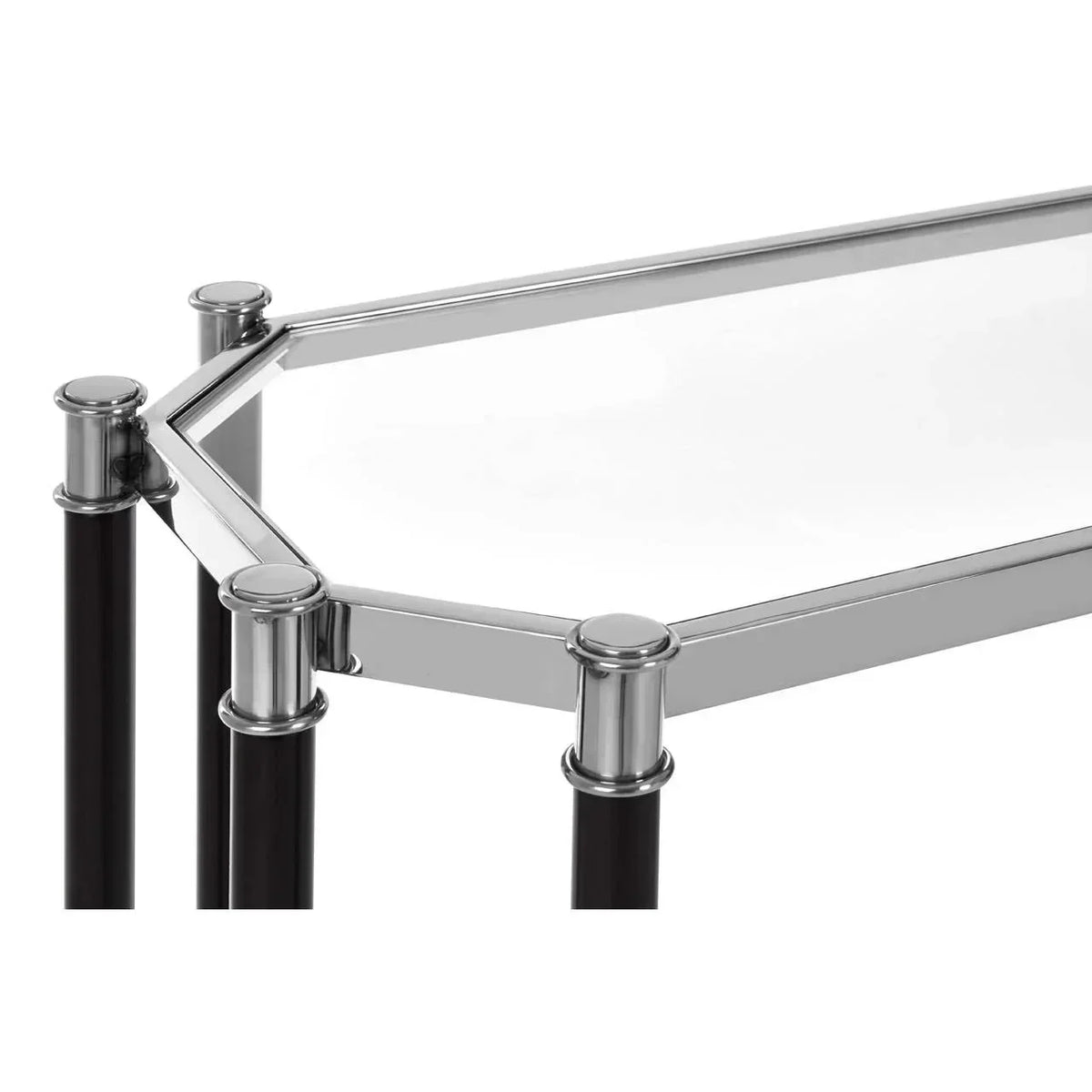 Glass side table with chrome frame and black legs, close angle of tabletop and corners