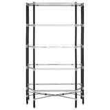 Tall black and chrome shelving unit with five glass shelves for living room storage