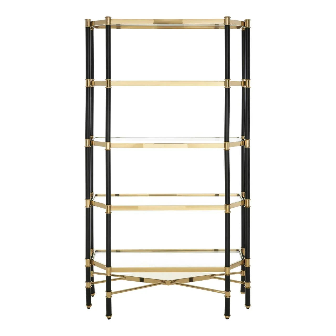 Gold and black shelving unit with five glass shelves and metal frame, front view
