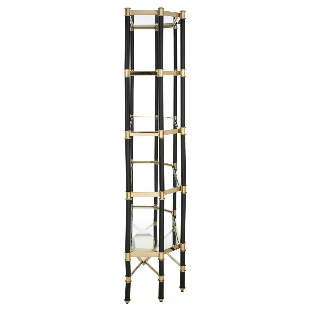 Tall shelving unit with black and gold frame and five glass shelves, studio view