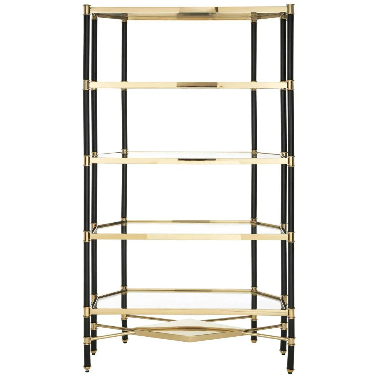 Gold and black metal shelving unit with glass shelves, five-tier freestanding bookcase
