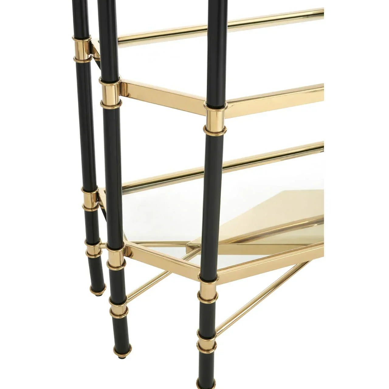Glass shelving unit with black and gold metal frame, close-up corner detail