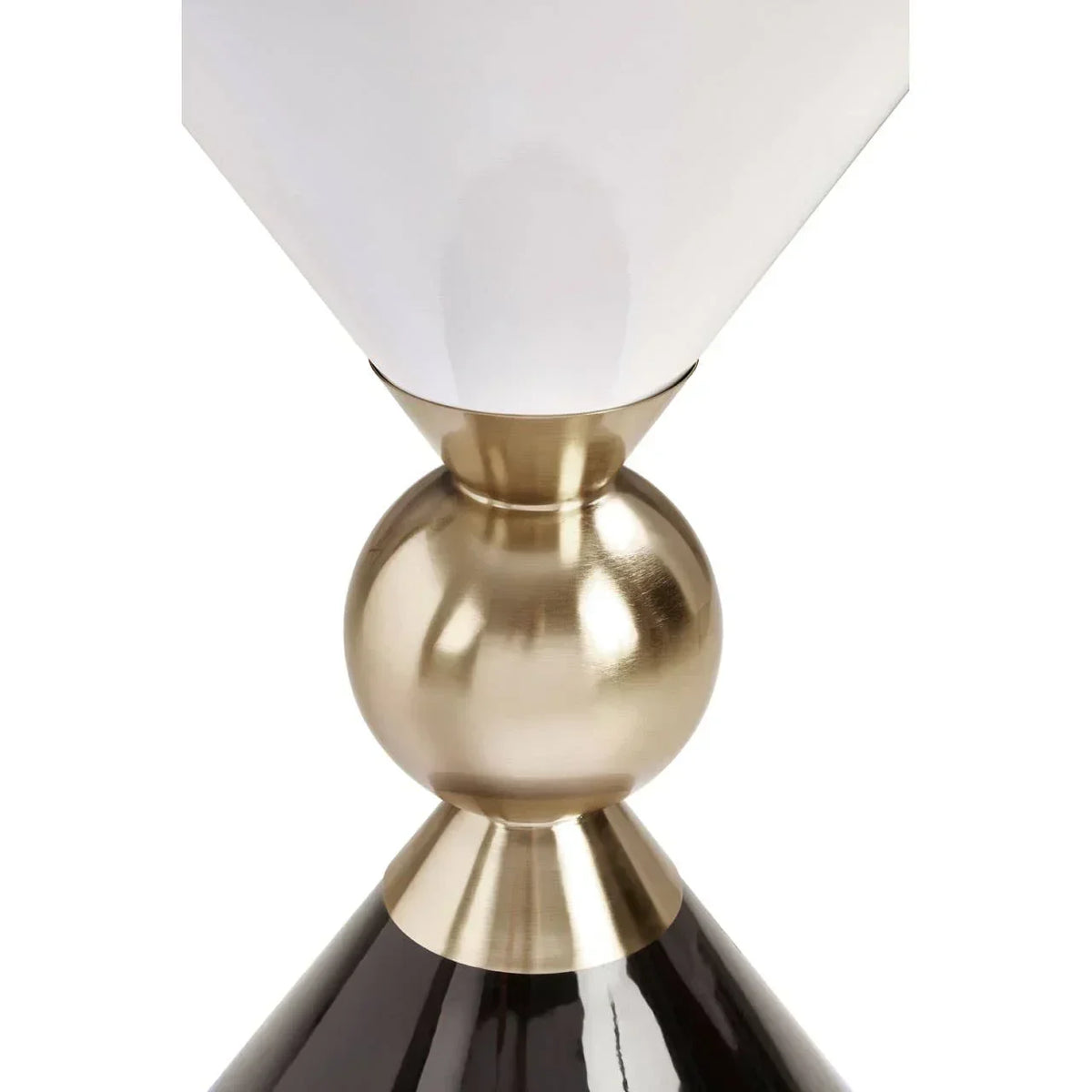 Modern table lamp with gold metal sphere base, white shade and black accent bottom