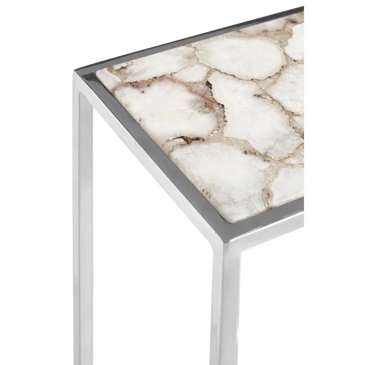 Square side table with polished metal frame and white stone top detail