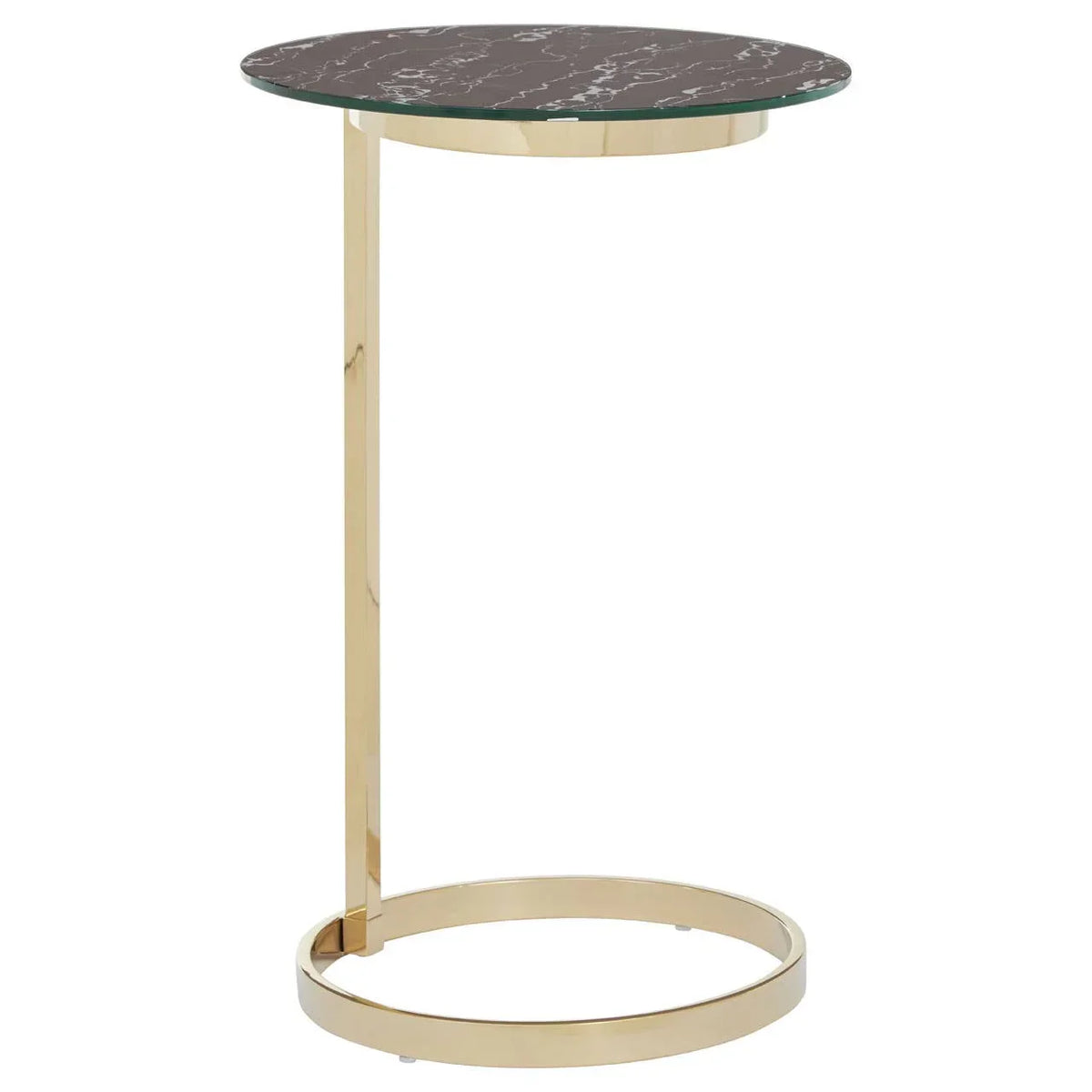 Round marble side table with black top and gold metal frame, modern accent furniture