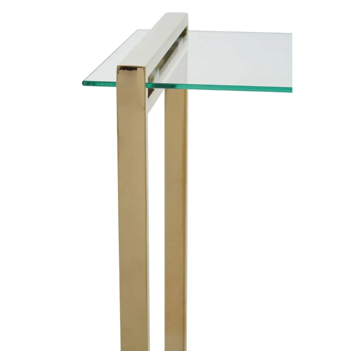Glass side table with gold metal frame, close-up of tabletop and legs