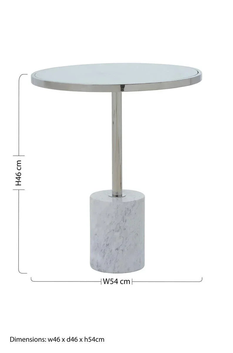 Round side table with chrome top and marble base, measurements shown in centimeters