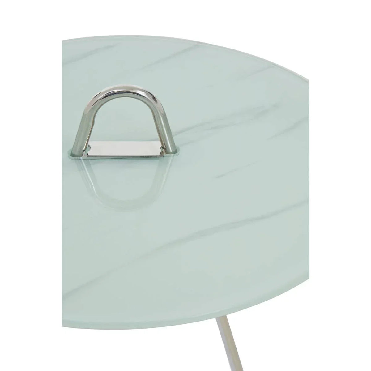 Round glass coffee table with chrome handle and light marble pattern surface