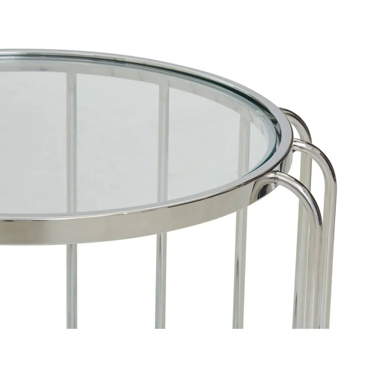 Round glass side table with chrome metal frame close-up