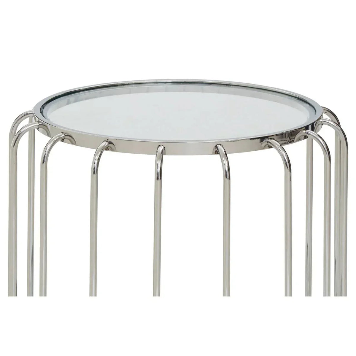 Round glass side table with chrome metal legs and modern open frame design