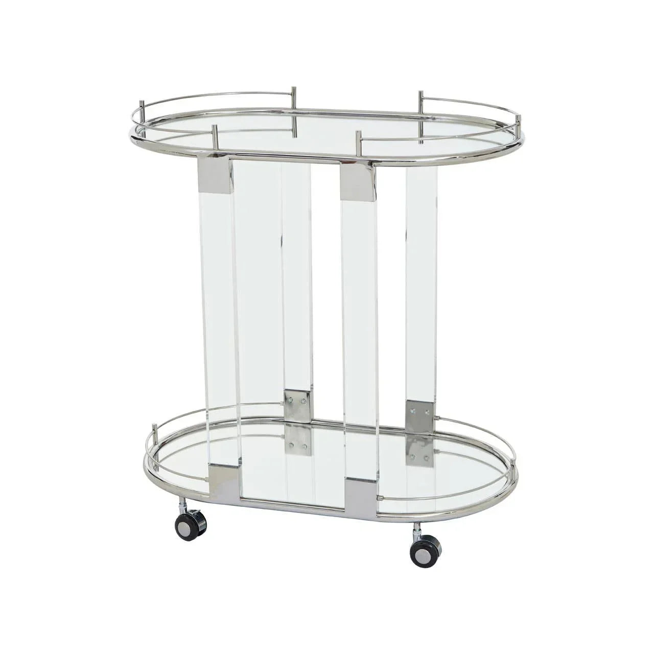 Glass and chrome drinks trolley with two shelves on castor wheels