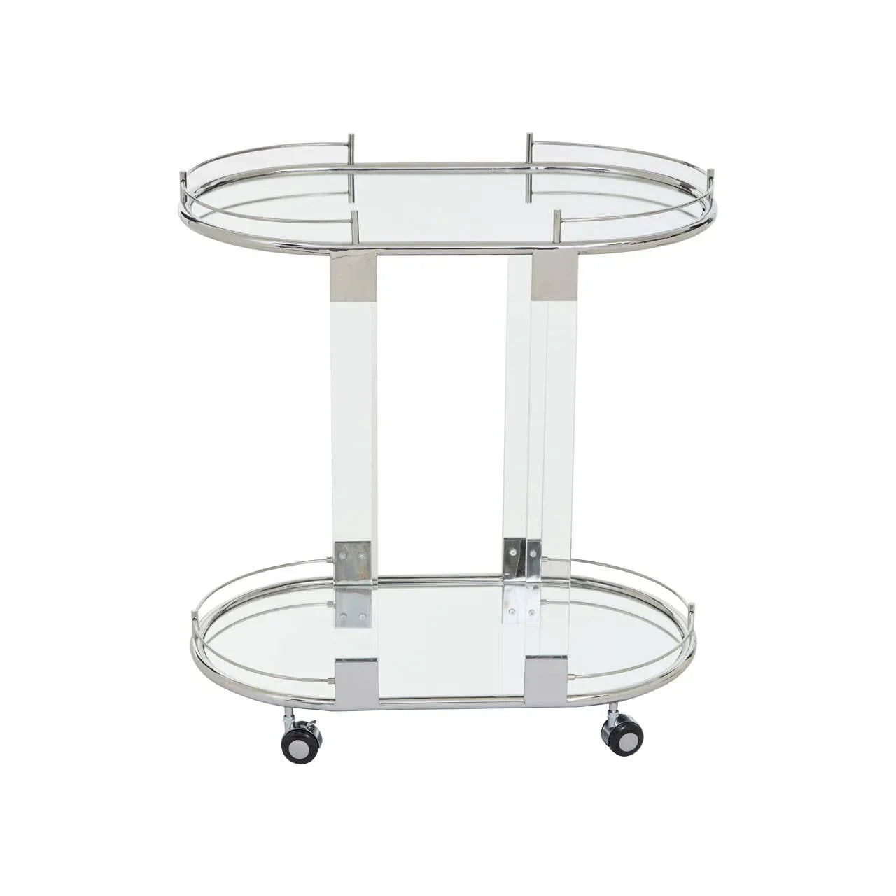 Chrome and glass drinks trolley with two oval shelves and wheels
