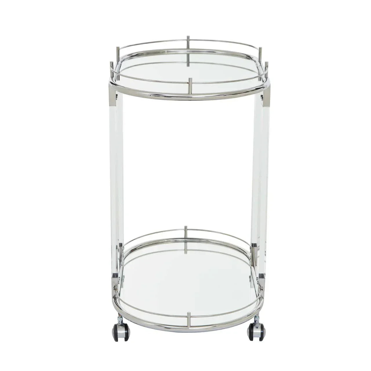 Round glass and chrome drinks trolley with two shelves and caster wheels