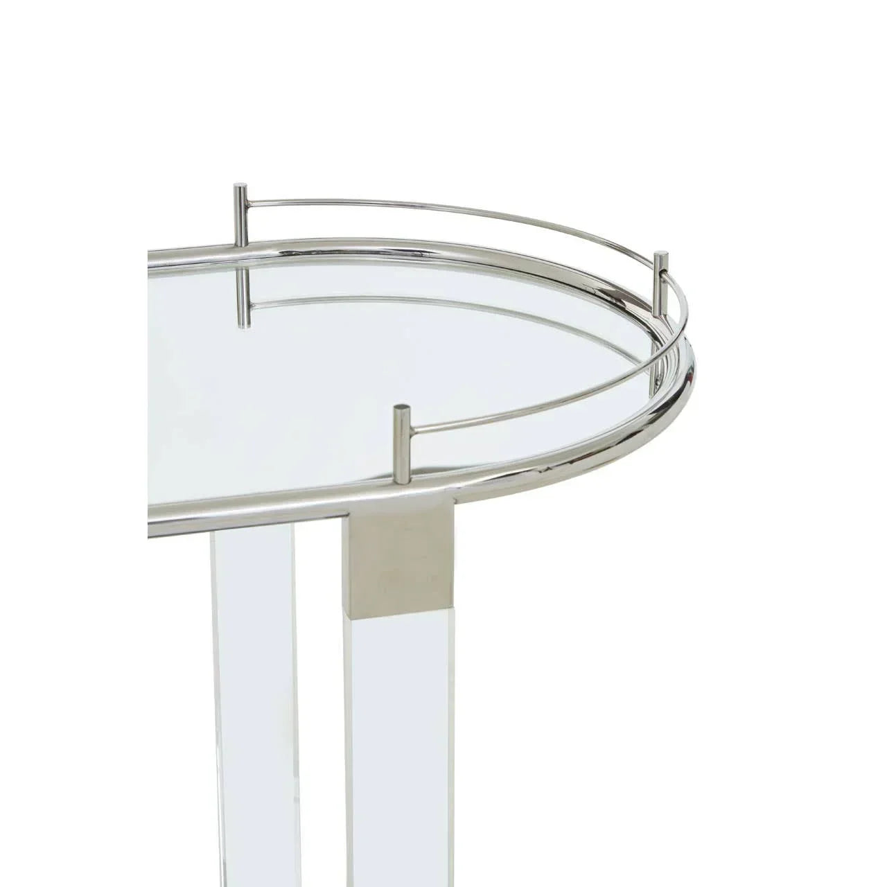 Glass console table with chrome frame and curved metal railing detail