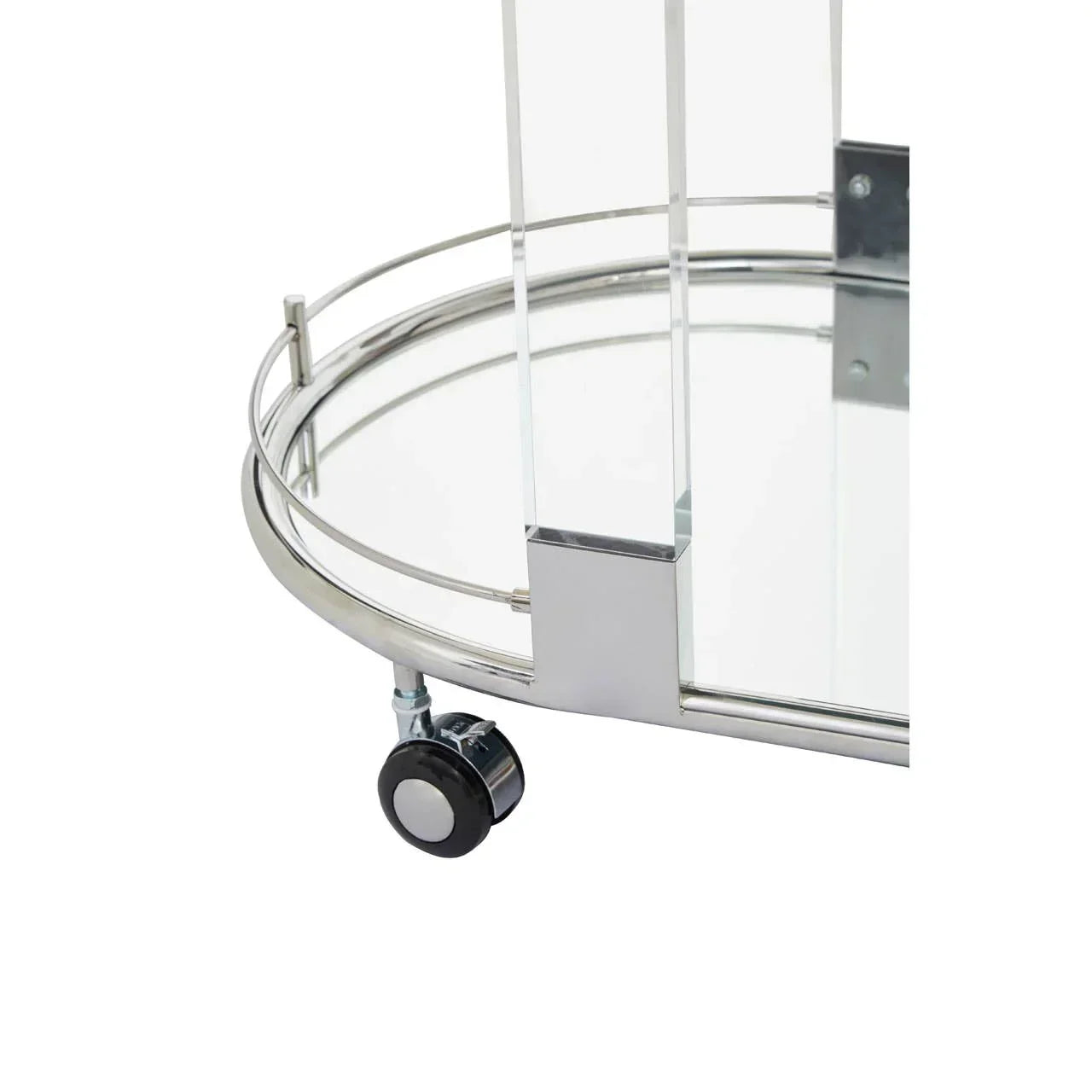 Chrome and glass bar trolley base with caster wheel and metal frame closeup