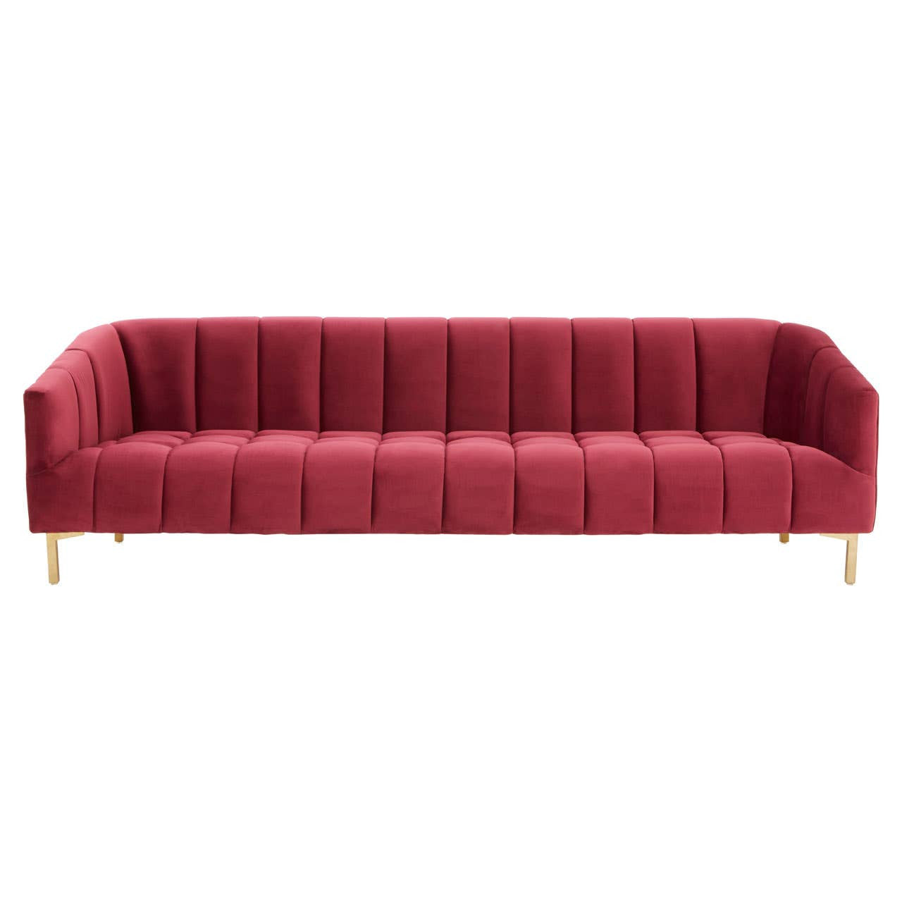 Three-seat sofa upholstered in rich wine-colored velvet, featuring vertical tufting along the backrest and smooth, rounded arms. The sofa is supported by sleek, golden metal legs, adding a modern touch to its elegant design