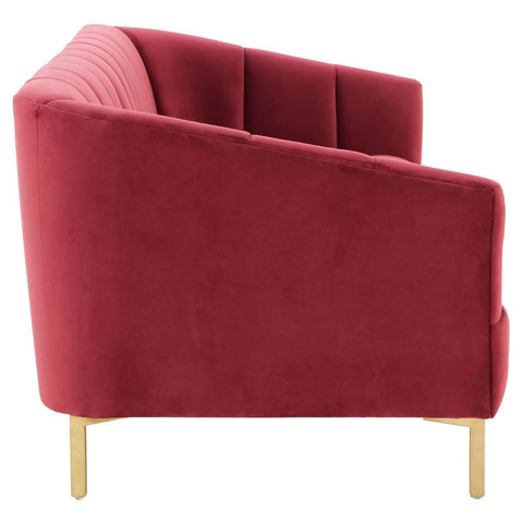 A side view of a Bella 3 Seat Wine Velvet Sofa featuring a rich wine-colored velvet upholstery, a curved backrest with vertical tufting, and sleek wooden legs