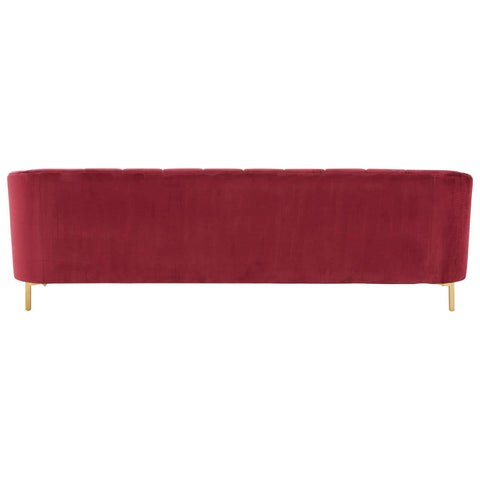 Three-seat sofa upholstered in rich wine-colored velvet, featuring a sleek, modern design with rounded edges and gold metal legs for an elegant touch
