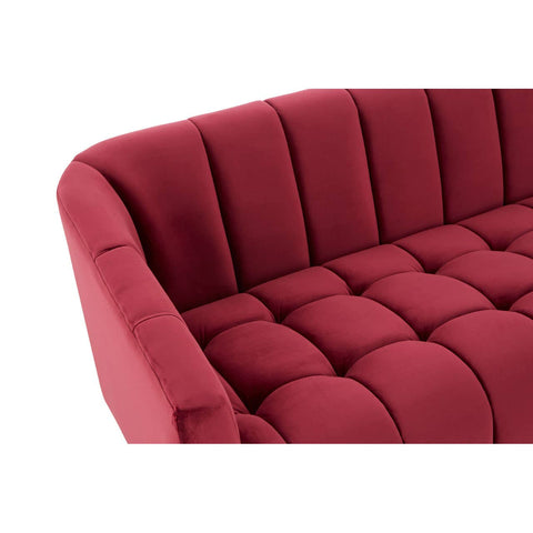A close-up view of the Bella 3 Seat Wine Velvet Sofa, showcasing its plush, tufted upholstery in a rich wine color, with a curved backrest and soft, inviting cushions