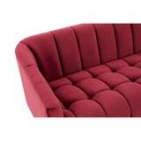 A close-up view of the Bella 3 Seat Wine Velvet Sofa, showcasing its plush, tufted upholstery in a rich wine color, with a curved backrest and soft, inviting cushions