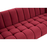 A close-up view of the Bella 3 Seat Wine Velvet Sofa, showcasing its plush, tufted upholstery in a rich wine color, with deep, cushioned sections that provide a luxurious and inviting appearance